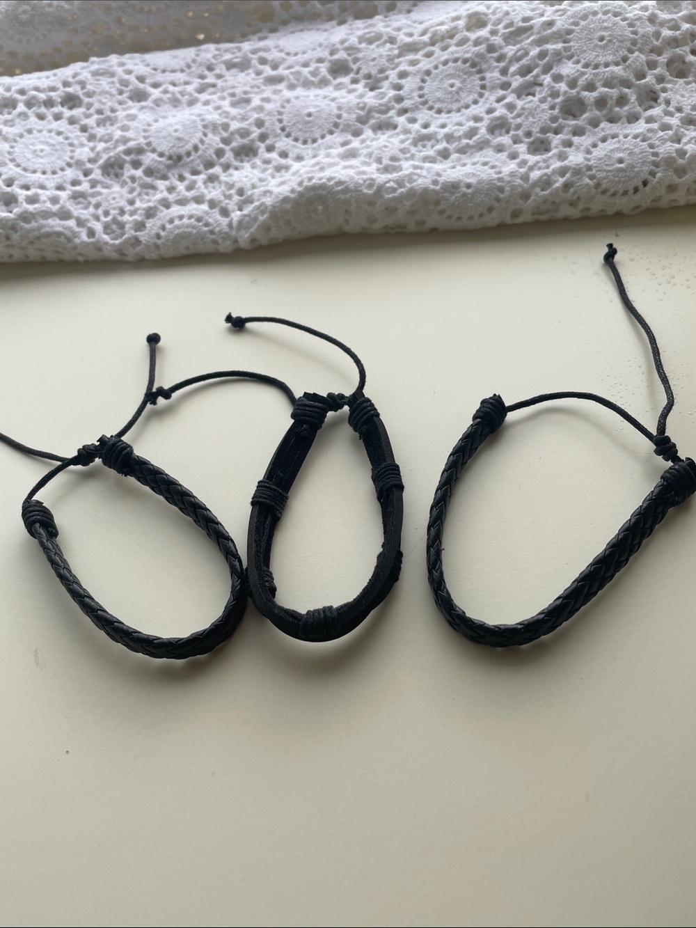 3 Black Leather Braided Adjustable Cord Bracelets
